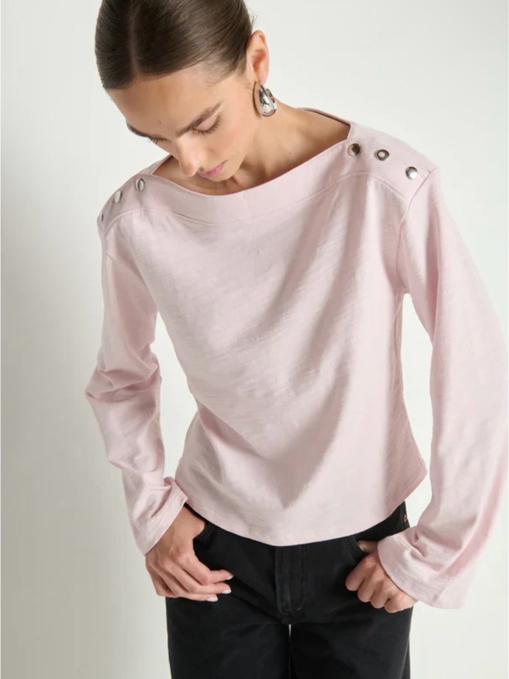 Nation LTD Rochelle Boatneck Tee Blush Snap Shoulder Top M NWT - Picture 3 of 12